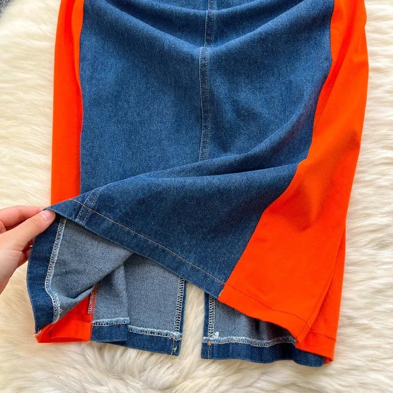 New Trendy Casual Dress Women's Contrast Vintage Denim Panel Short Sleeve Slim Fit Pencil Dress