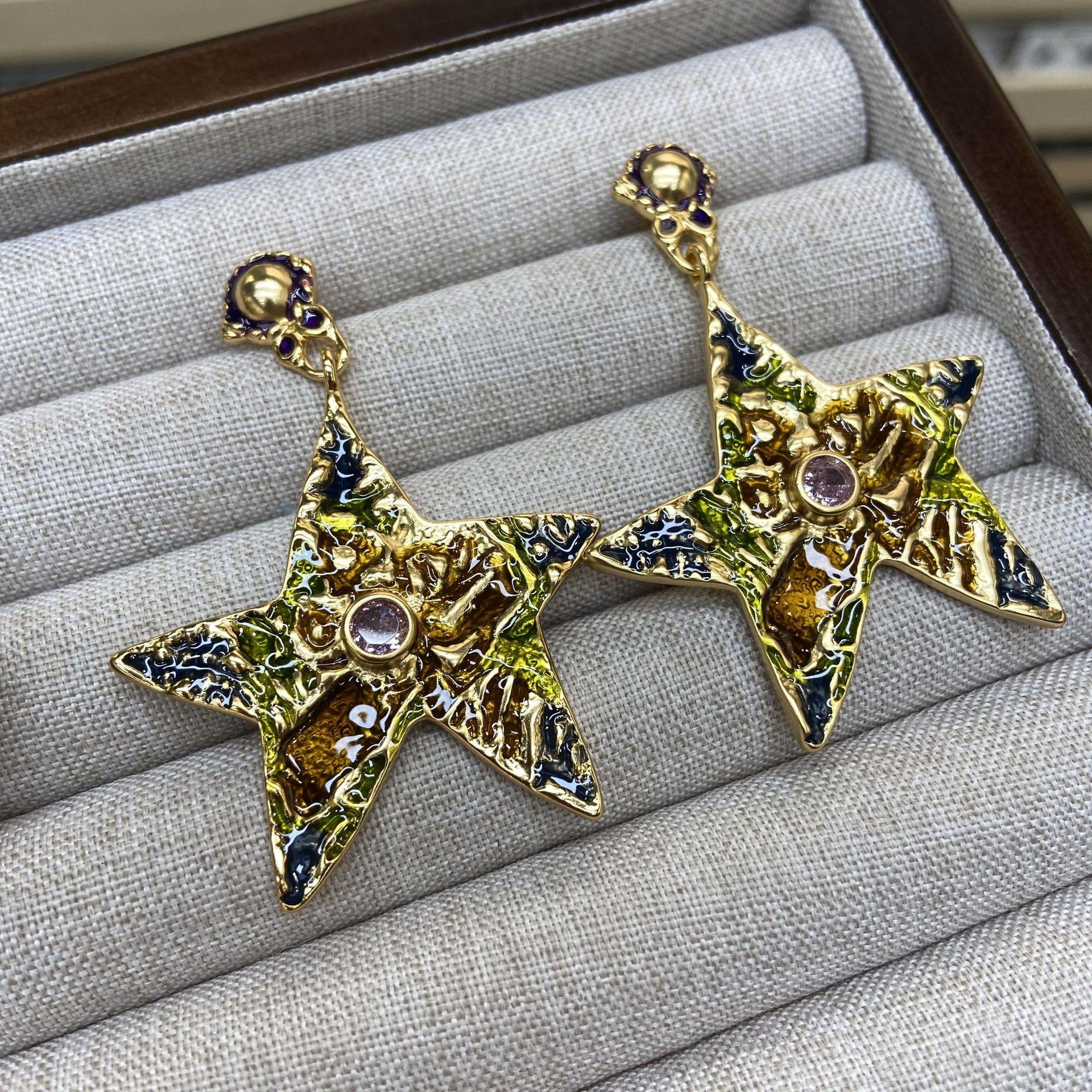 

Vintage Copper Plated Thick Medieval Vintage Plain Gold Hot-Selling Enamel Color Dripping Oil Lava Pentagram Earrings Women