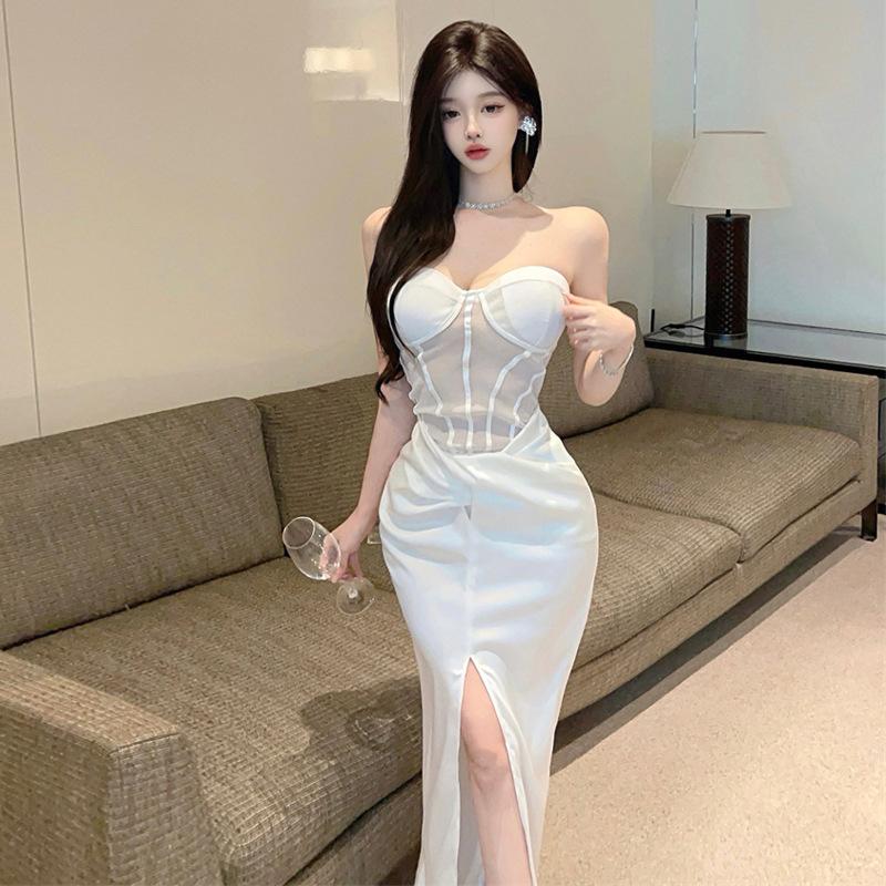 

Сексуальное платье-труба с сетчатой строчкой и разрезом на талии L белый