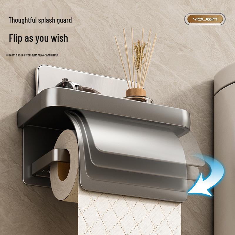 Waterproof Wall-Mounted Toilet Paper Holder with Lid, Punch-Free Installation
