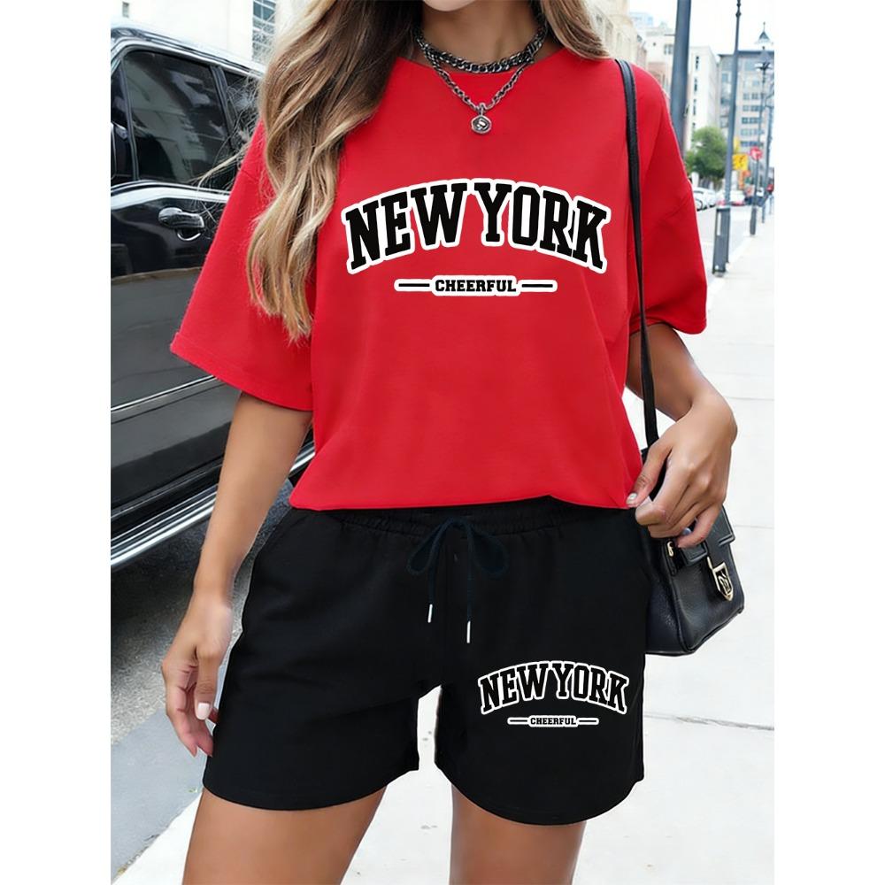 New York Cheerful Letter Print  Shorts Womens Basic Two Pieces Set T-Shirt Pants Summer High Waisted Oversize Clothes
