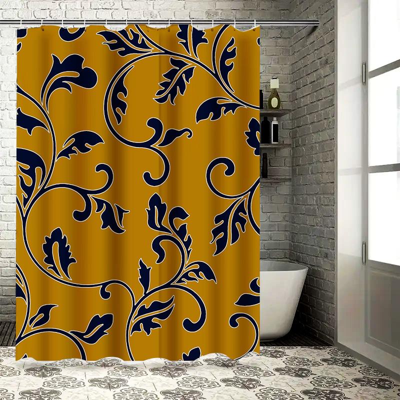 Vintage Floral Shower Curtain Waterproof Bathroom Decor with Rustic Style for Home Use Mustard Yellow Navy Blue Color Design, Si