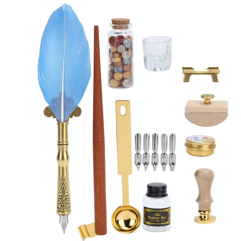Feather Pen Wax Set Quill Dip Writing Ink Stamp Kit Vintage Student Stationery Gift BoxSP225038
