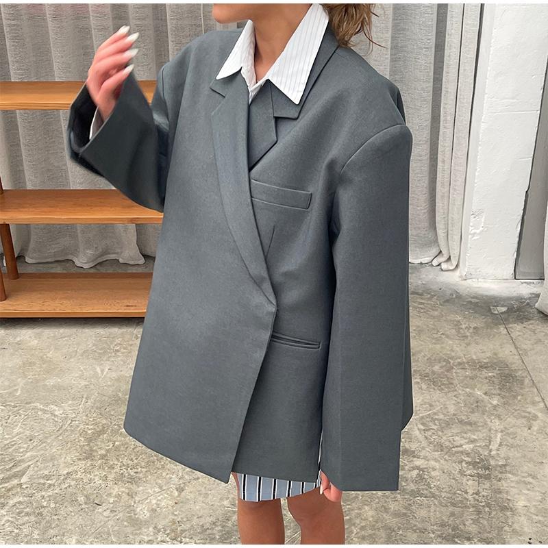 Casual Suit Blazer Coat Women Oversized Double Button Notched Side Slit Jacket Female Autumn Office Shoulder Pads Lady Tops