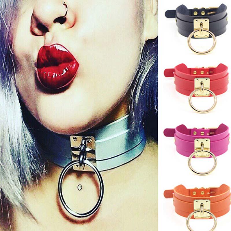Punk Gothic Breites PU-Leder O-Ring Halsband Choker Halskette Damen