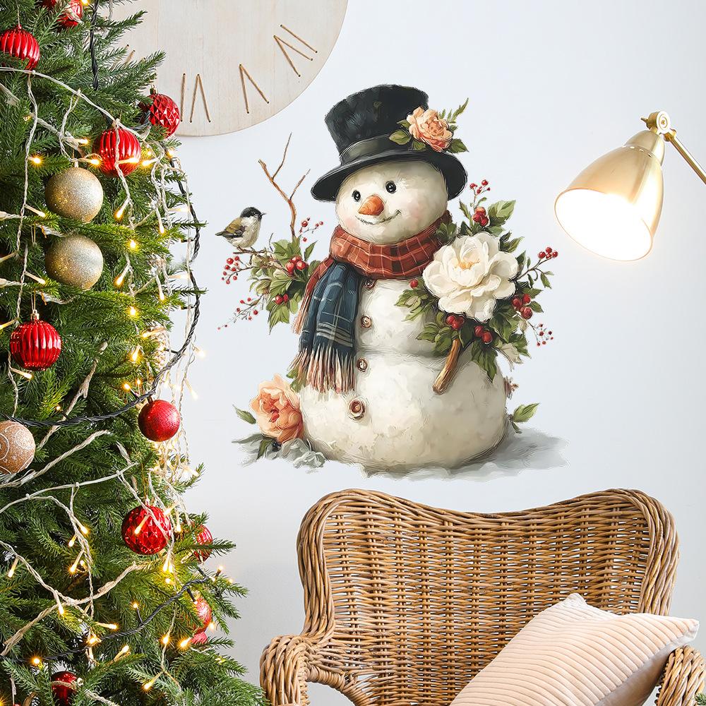 Bemalter Weihnachts-Schneemann Blumen Früchte Vögel Festliche Heimdekoration Wandaufkleber