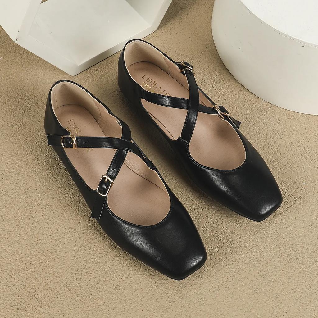 Fashion Low Heeled Mary Jane Single Shoes 2025 Women Shoes Retro Shallow Ballet Shoes Cross Buckle Shallow Soft Sole Flats Plus Size 44