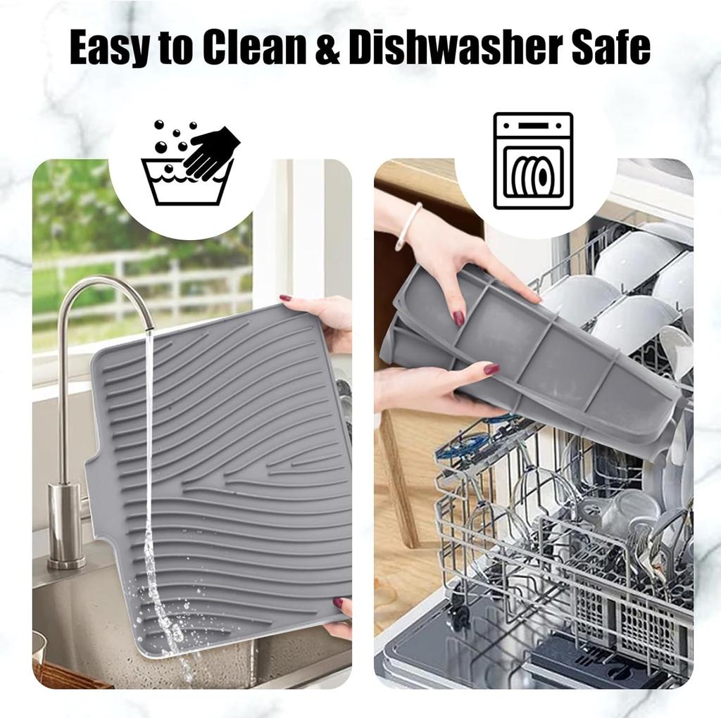 Silicone Dish Drying Mat for Kitchen Counter,  Non-Slip Drain Pad with Built-in Drain, Heat Resistant Stone Drying Mat