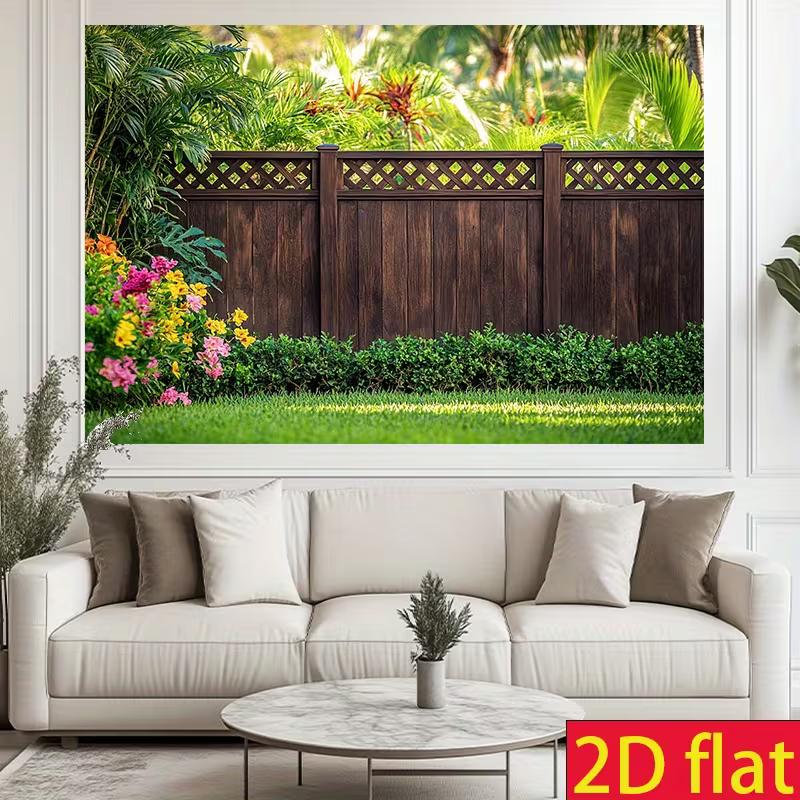 2D Lattice Wood Fence Tropical Floral Palm Garden Photo Backdrop Cloth