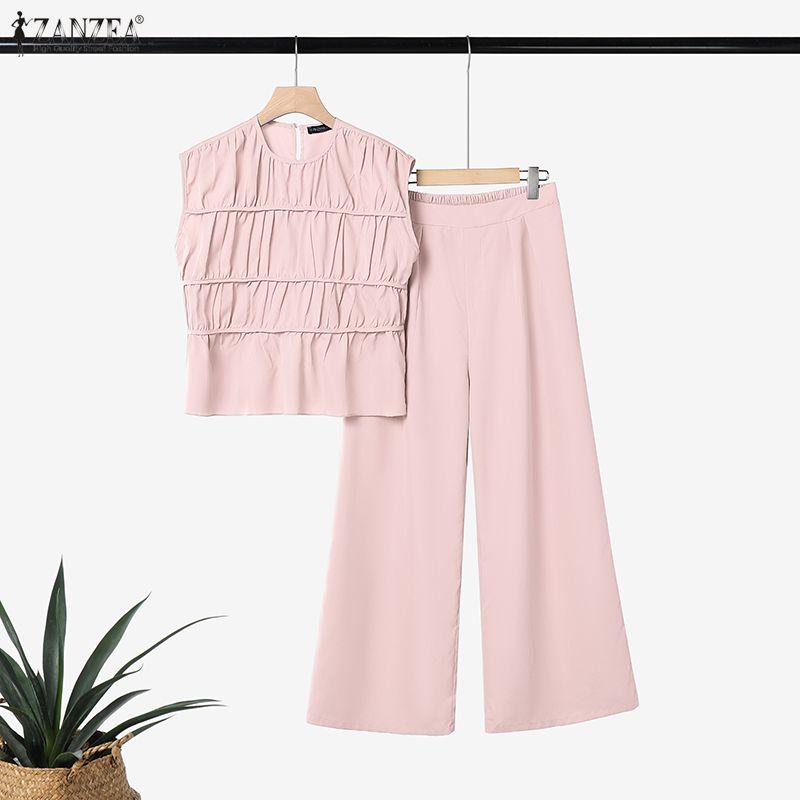 ZANZEA Women Sleeveless Blouse and Long Pants Casual Two Piece Suit Sets