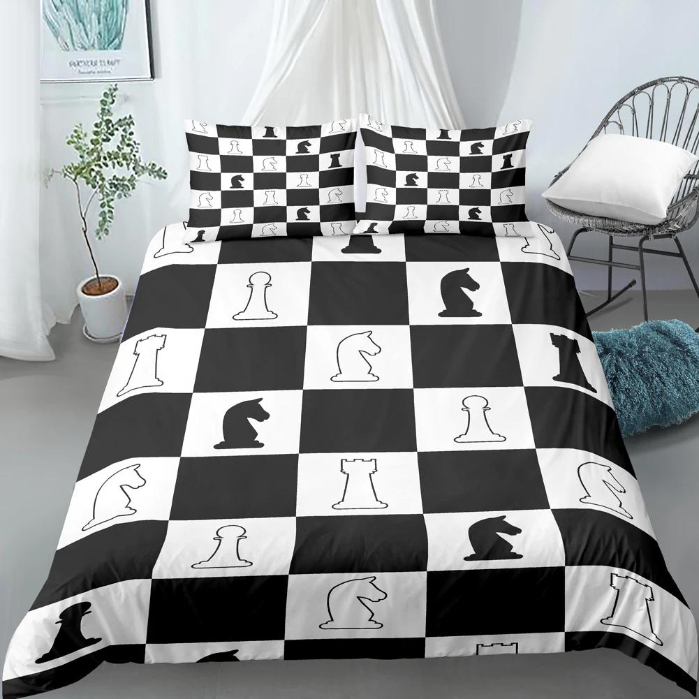Chess Board Duvet Cover Set 3D Print International Chess Black White Comforter Cover For Boys Girls Polyester Bedding Set