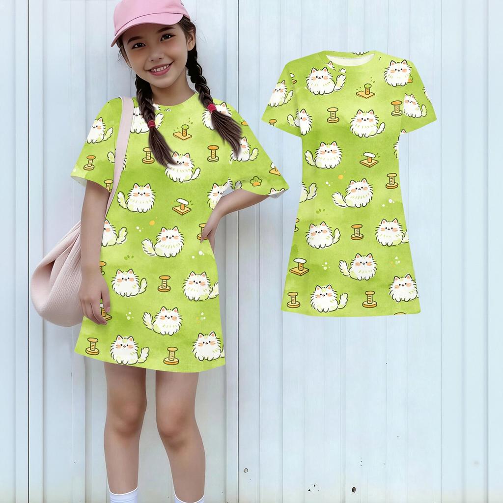Girls Loose Fit Short Sleeve Dress Kids Round Neck Casual Lightweight Dress with Animal Print Suitable for Daily Wear and Outdoor Activities