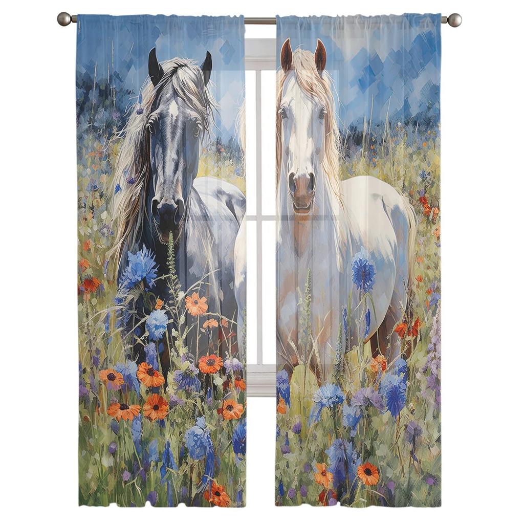 Kůň Akvarel Květina Tyl Závěsy do obývacího pokoje Průsvitný závěs do ložnice Kuchyňské žaluzie Voálové závěsy