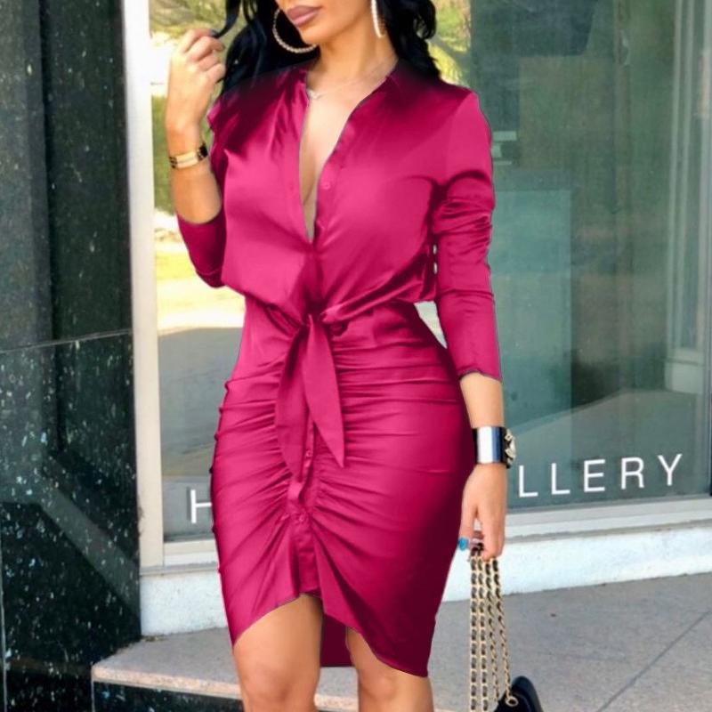 BITCED Women's Summer V-Neck Tie Solid Colour Long Sleeve Mid-Length Shirt Dresses