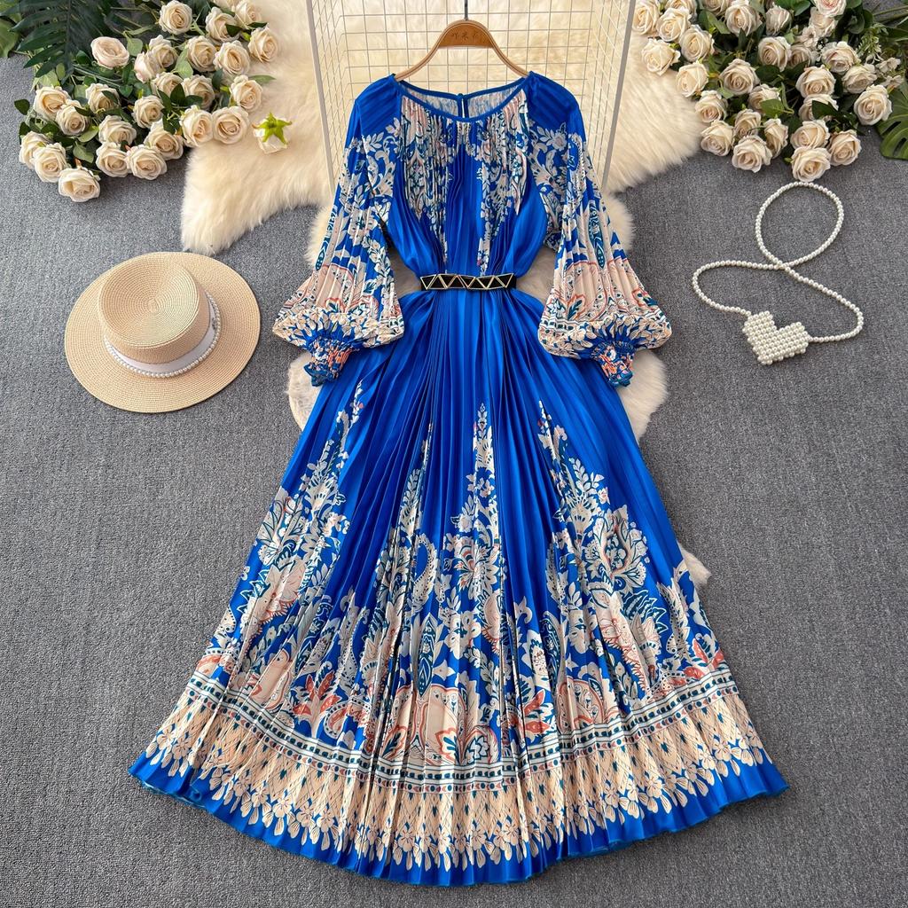 Outono Plissado Lindo Estampa Floral Vestido Longo de Férias Feminino Gola Redonda Manga Lanterna Cinto Elástico Alto Roupas Longas