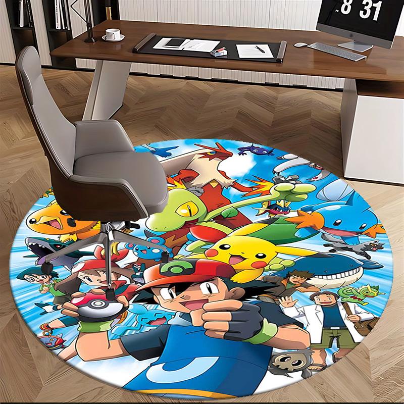 1pc Pokemon Pikachu & Friends Anime Cartoon Design Round Carpet for Office Chair Mat, Non-Slip Rug Suitable for Home Decor, Living Room, Bedroom, Game