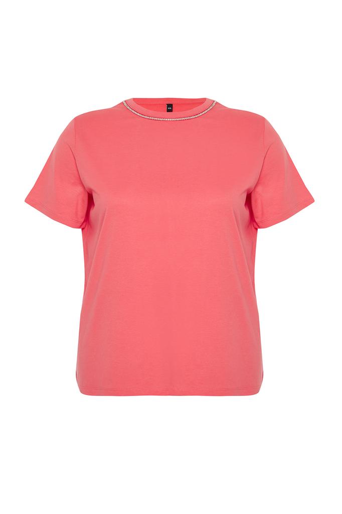 Women's Fashion Plus Size T-Shirt Crew Neck Short Orange Slit and Ruffle Detailed Boyfriend Knitted T-shirt