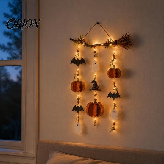 Decorazione Spettrale per Camera da Letto di Halloween Scopa di Strega in Legno da Appendere alla Parete con Luci LED, Zucca Fantasma Decorazione Rustica per la Casa Pipistrello, Ornamento per Porta Autunnale