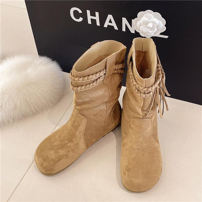 2025 thick-soled inner heightening boots retro style knight boots matte fringed hemp rope medium tube fashion boots stacking boots