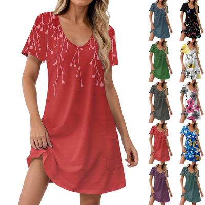 Women's Fashion Casual Printed With Pockets Bohemian Beach V-Neck Short Sleeve Dresses