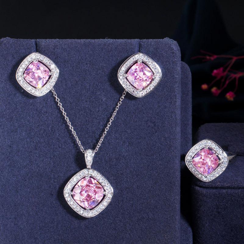 Simple Three-Piece Set Of Micro-Inlaid Zircon Square Earrings, Pendant, Ring Set Chain.