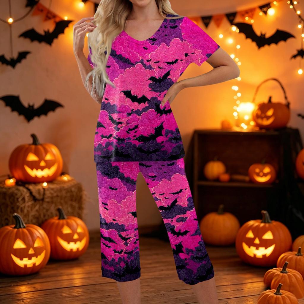 Women Two Piece Set Short Sleeve Top and Capri Pants Halloween Print Casual Lounge Outfit Comfortable Fit