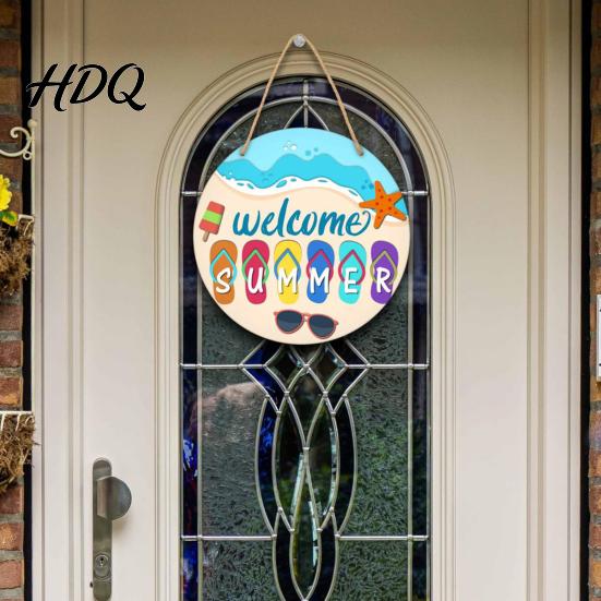 Tropical Coconut Grove Decor Hello Summer Door Sign Spring Beach Flowers Welcome Wooden Rustic Wood Hanging Plaque Front for Wall Outdoor