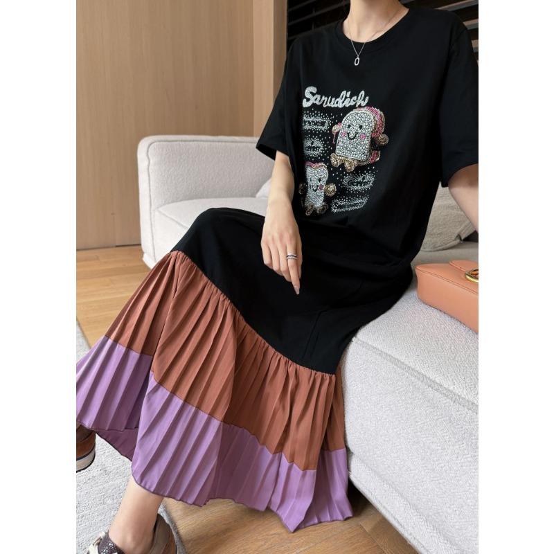 DIMANAF 2025 Sommer Übergröße Kleid Damen Gespleißtes Lässiges Vintage Plissee Kleid Basic Lockeres Langes Kleid