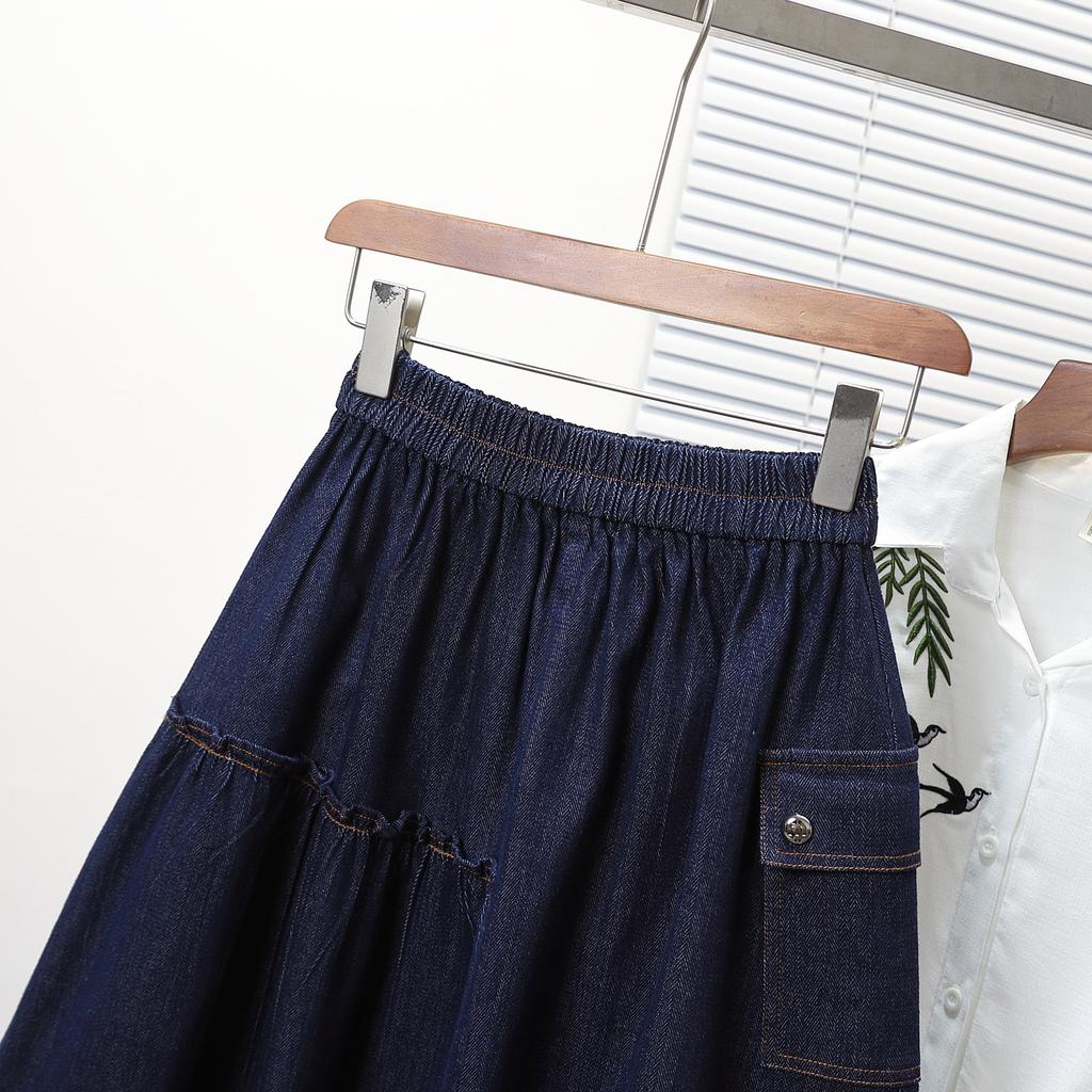 DIMANAF Plus Size Summer Denim Skirts Women Elastic Casual Fashion A-Line Jeans Skirt High Waist Maxi