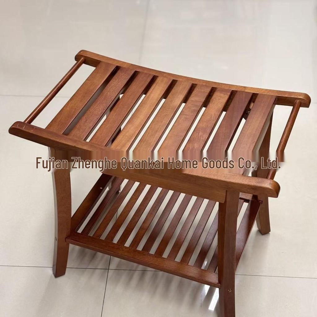 Two-Tier Waterproof Teak Bathroom Stool - Non-Slip Wooden Bench for Shower & Shoe Changing