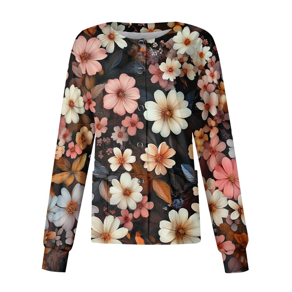 Women's Casual Long Sleeve Single Breasted Floral Print Medical Scrub Cardigan Top Comfortable Fit Lightweight Fabric Suitable for Work