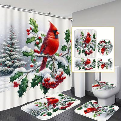 Cardeal de Natal 4 peças Decoração de Inverno Conjunto de Cortina de Chuveiro com 12 Ganchos, Cortina de Chuveiro, Tapete de Banho Antiderrapante, Capa para Assento de Vaso Sanitário