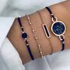 6-Piece Women's Quartz Watch Set: Diamond-Set Dial, Leather Strap, Beaded Bracelets