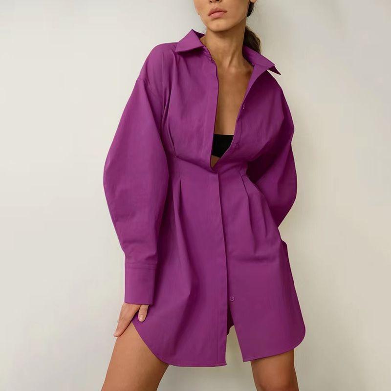 

Fashion Waist-Tight Elegant Dress Long Sleeves Slimming Shirtdress Solid Color Slim Shirt Skirt Purple M
