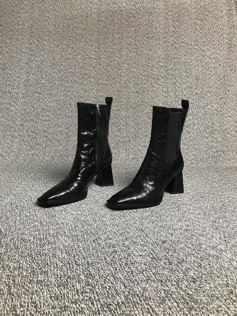 2024 autumn and winter new Martin boots women's pointed high heel thick heel side zipper short boots patent leather high heel fashion boots
