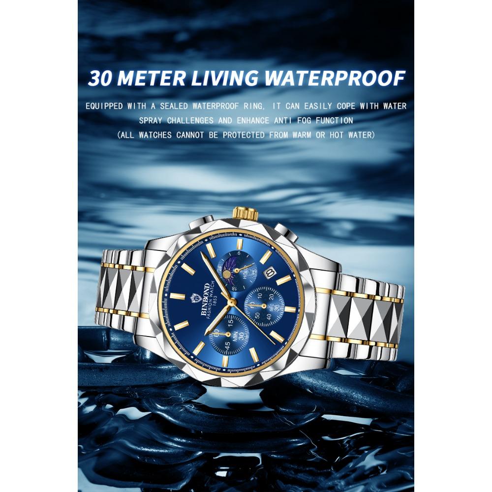 BINBOND Luminous Waterproof Quartz Wristwatch for Men Accurate Luxury Auto Date Chronograph Men's Watch Fashion Durable Reloj
