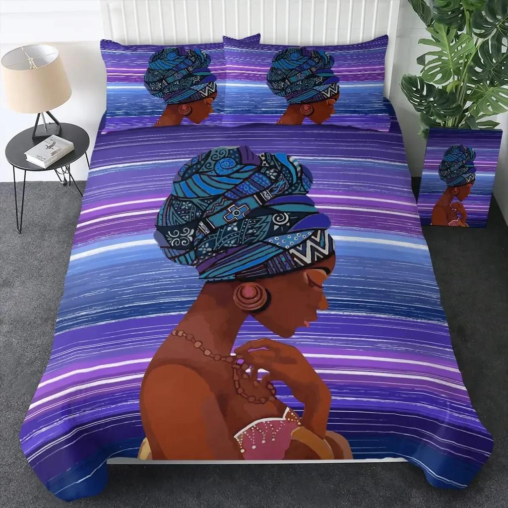 African Woman Duvet Cover Set Ethnic Afro Bedding Set African American Comforter Cover Orange Ancient Desert Bedspread