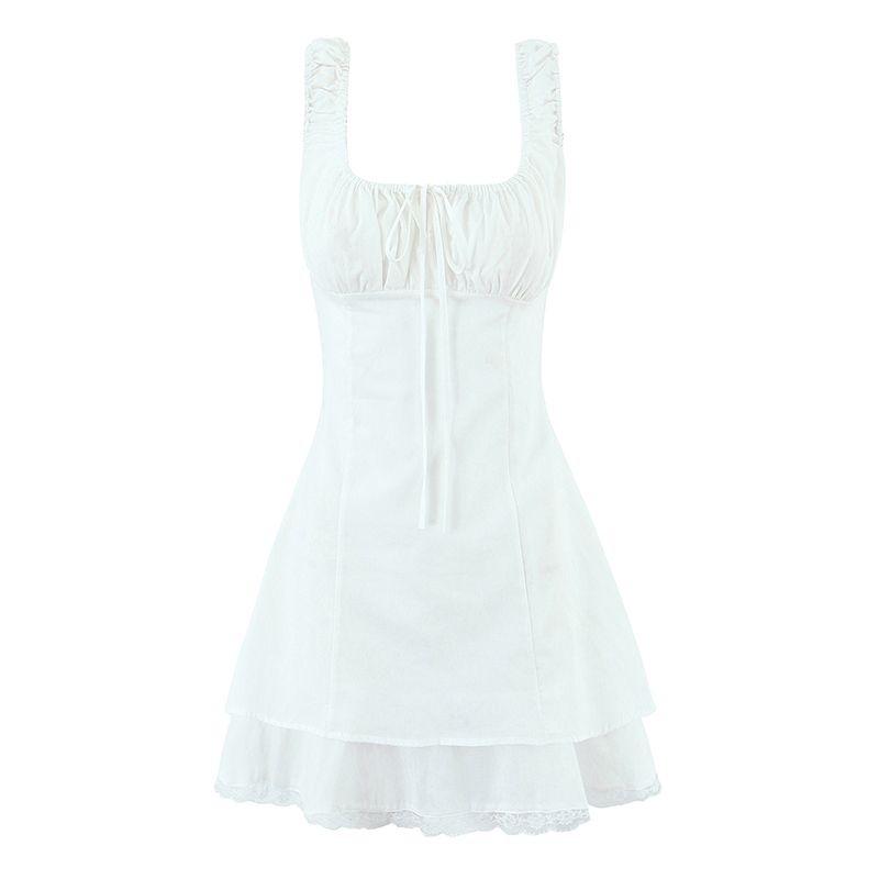 

Summer Flower Hoskelsa Same Style French Style First Date Pure Desire Square Collar Lace Patchwork Sleeveless Short Dress White L