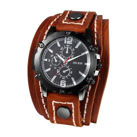 Men s Rock Punk Watch Bracelet Leather Belt: Analog Waterproof Genuine Leather Belt Wide Stylish Quartz Watch Men s Fashion Accessory - Birthday