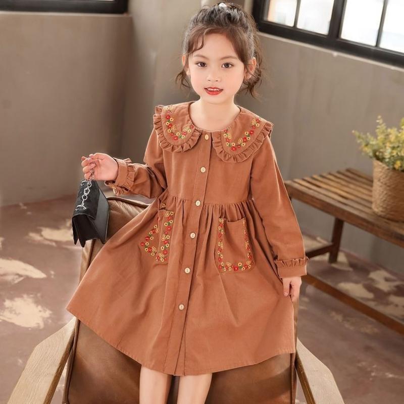 Sweet Corduroy Dress for Girls, Loose Long-sleeved Dress for Children Spring and Autumn