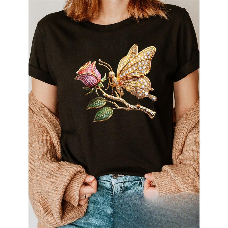 

European sizes Diamond Butterfly Rose print t-shirt, short sleeve crew neck casual top for summer & spring, Women s clothing 4XL чорний