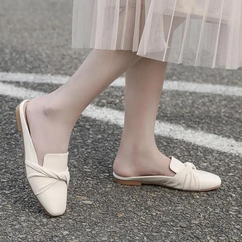 Fashion 2025 Luxury Woman Mules Summer Close Toe Women Slippers Bowtie Lazy Slides Flat Heel Girl Slippers Korean Outdoor Flip Flops
