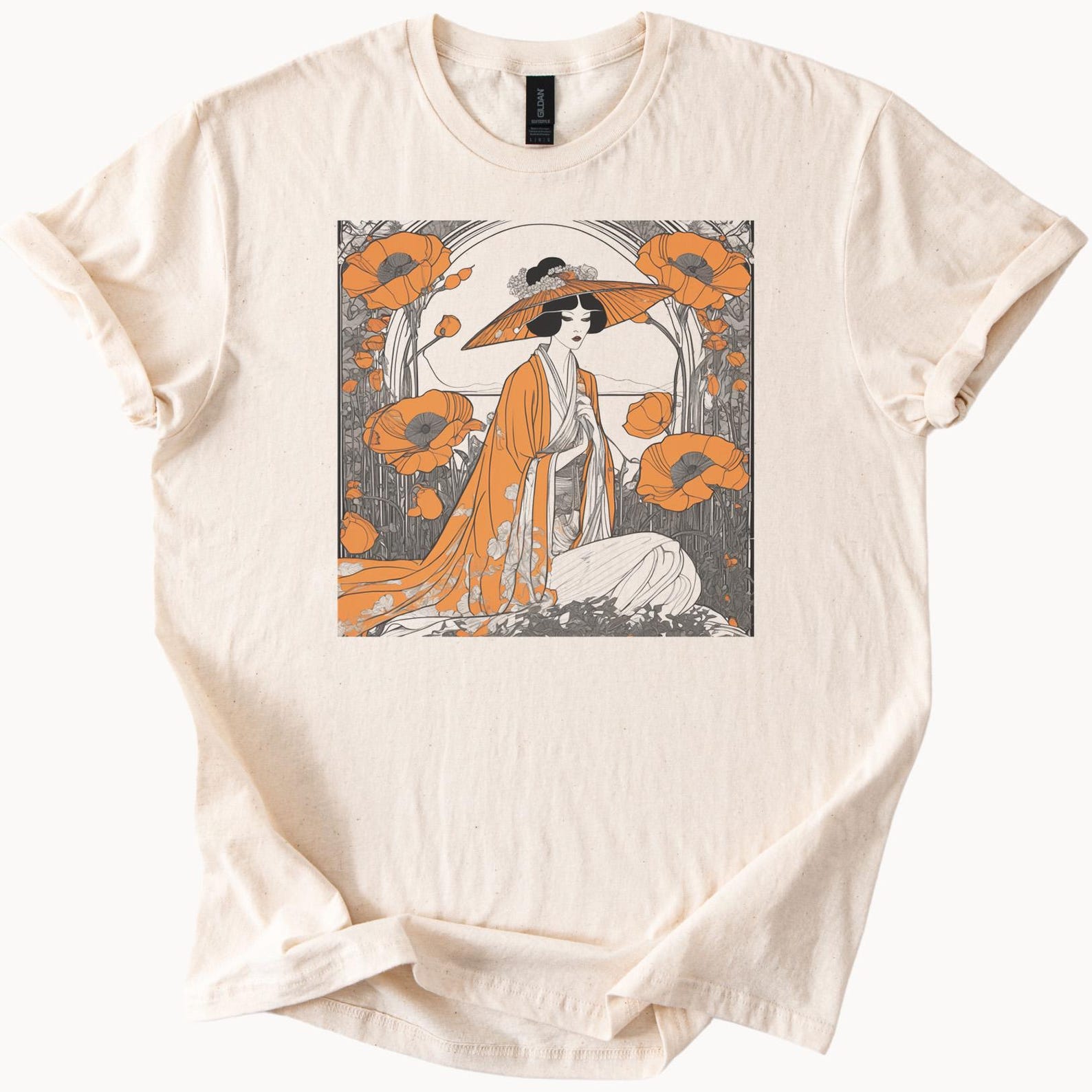 japanese art poppy floral graphic geisha style shirt orange kimono 160