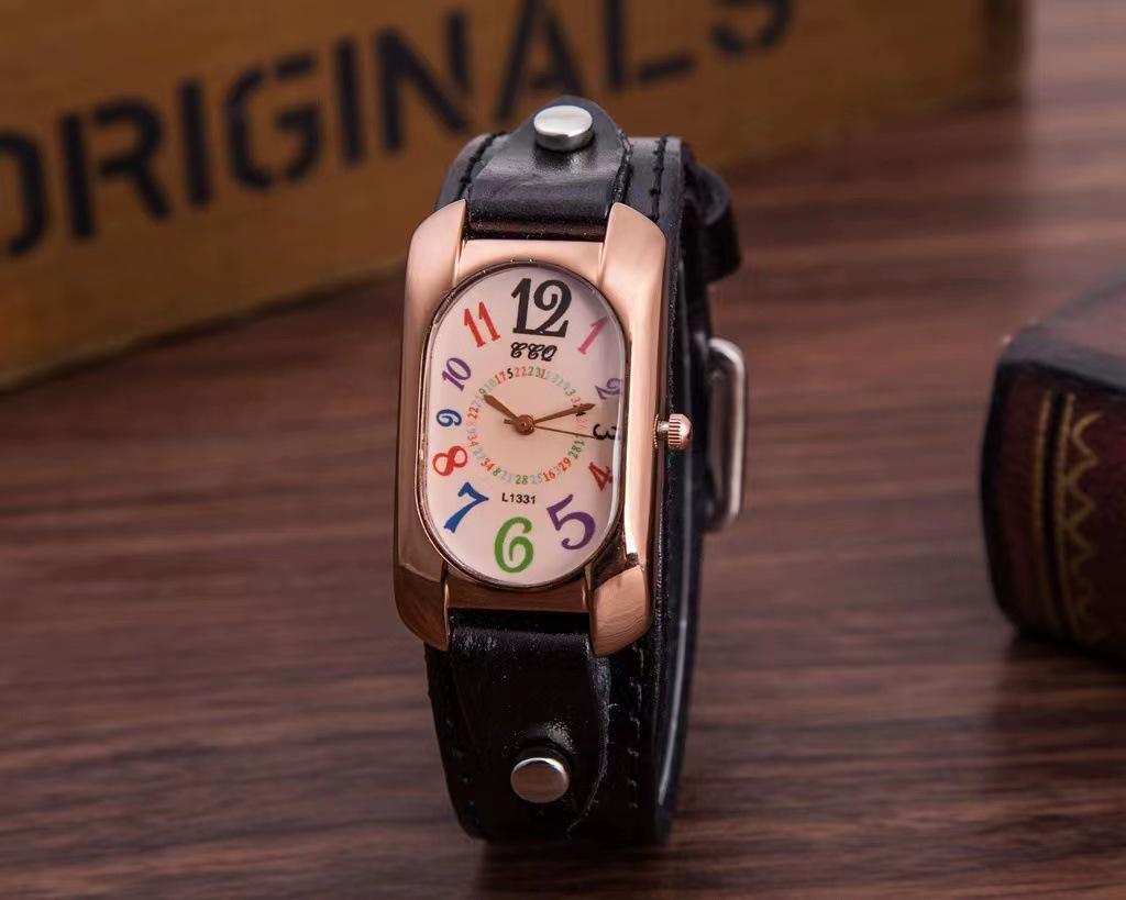 Trendy Men's Leather Belt Watch & Women's Colorful Numbers Quartz Wristwatch
