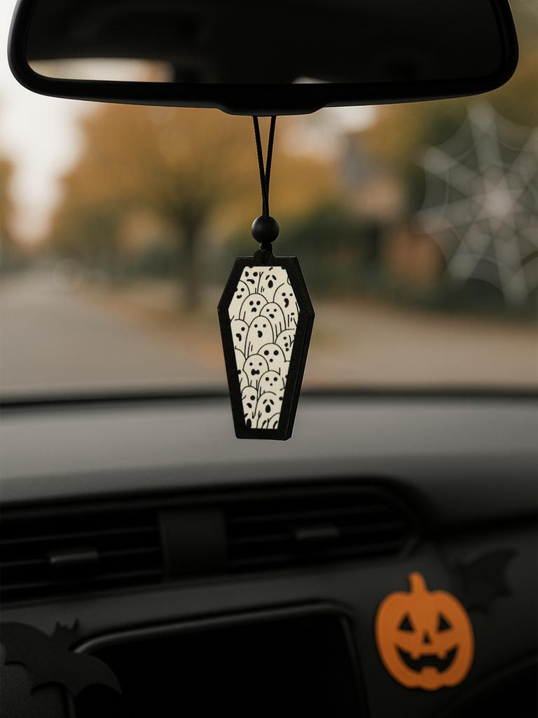 Halloween Wooden Coffin Hanging Decoration, Cute Ghost Decor Pendant, Car Rearview Mirror Ornament, Ideal Gift for Home & Party