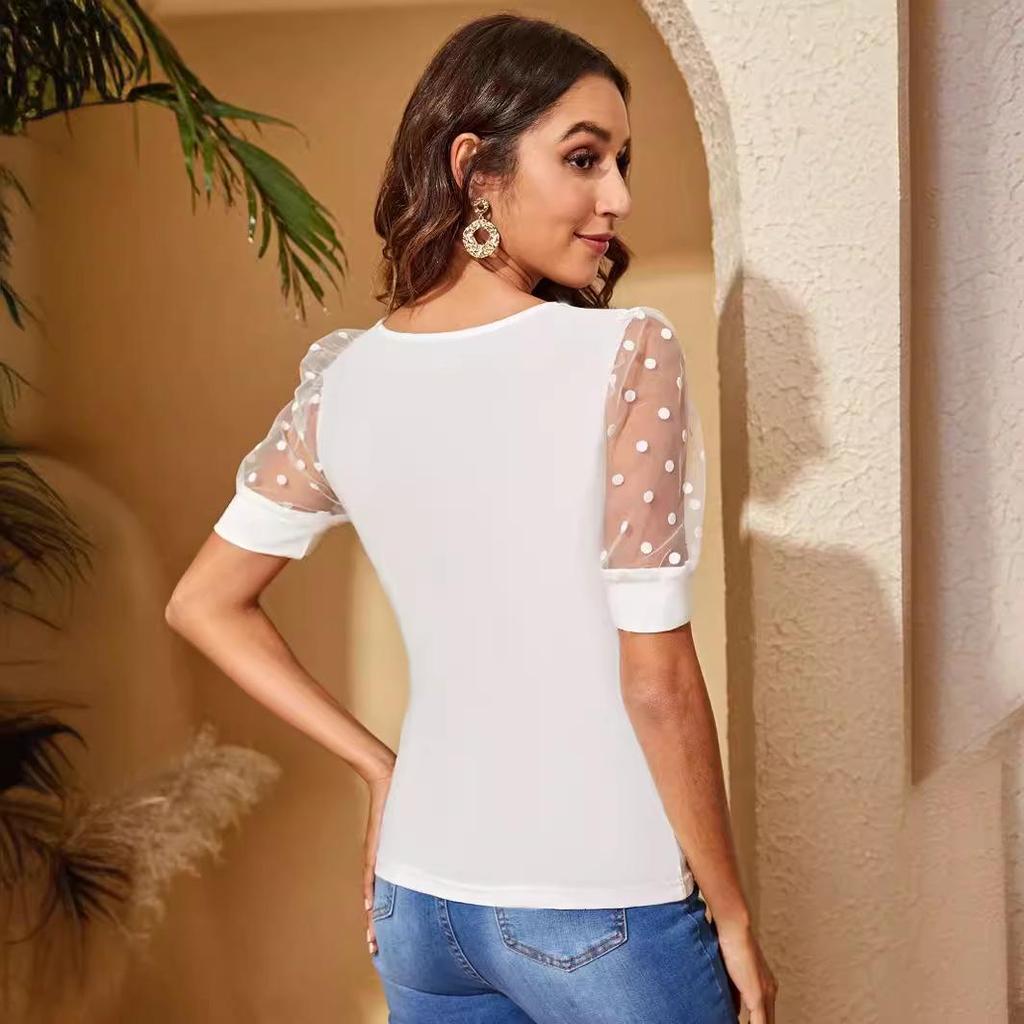 2026 Spring/Summer Women's Mesh Polka Dot Patchwork Round Neck Slim Fit Short Sleeve T-Shirt