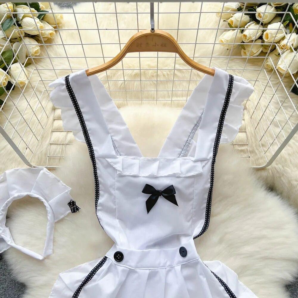Sweet Bow Ruffles Erotic Pajams Dress Women A-line Sheath Short Tank Top Night Dress Cosplay Sexy Lingerie Nightwear