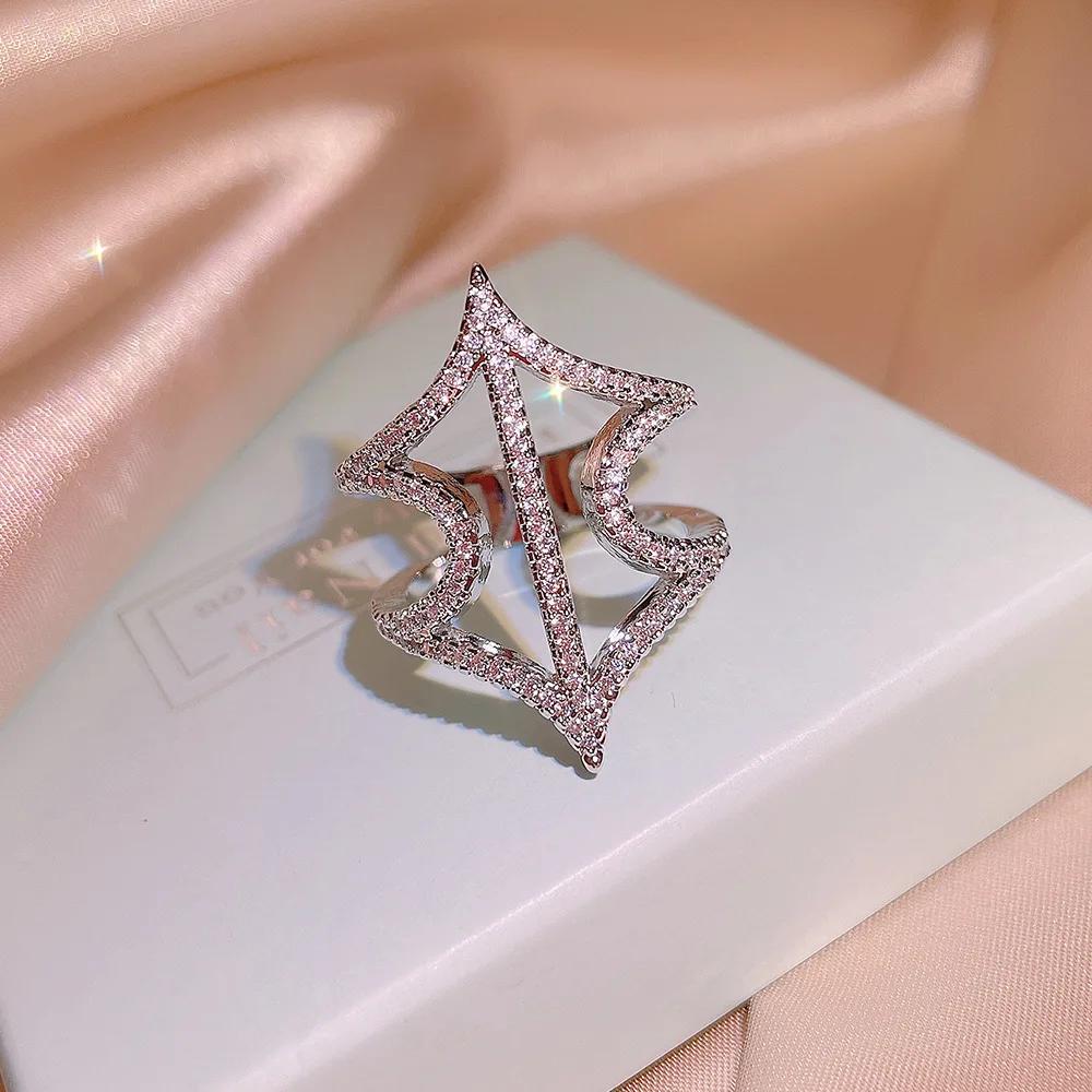 Преувеличенные Женские Кольца из Стерлингового Серебра с Блестящими Цирконами Кольцо из Стерлингового Серебра Сплошные Кольца Полые Тонкие 9