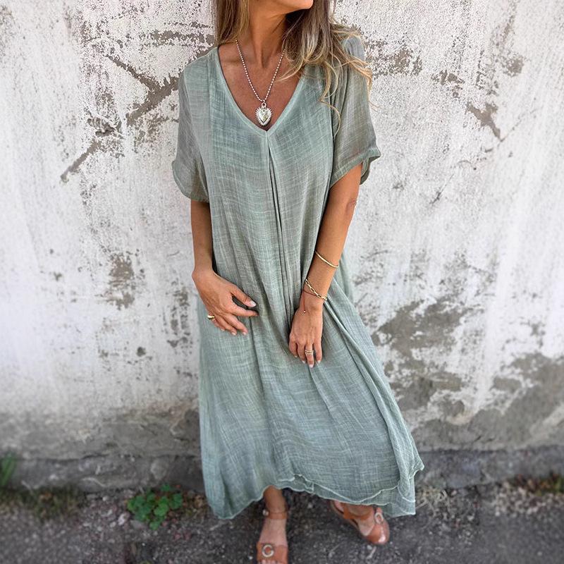 European & American Cross-Border Fashion 2025 V-Neck Cotton Linen Semi-Formal Dress