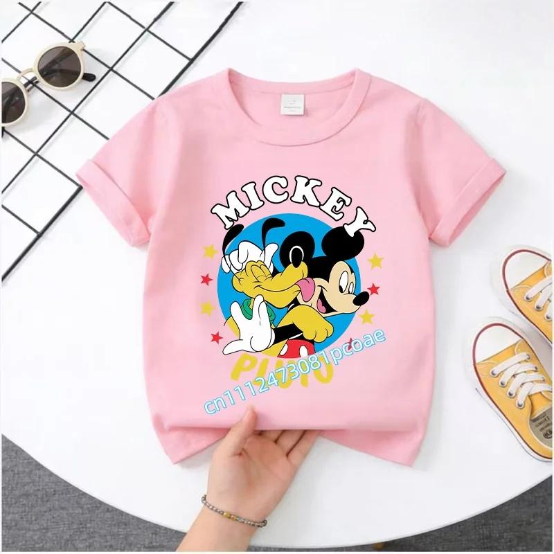 New Mickey Minnie childrens pure cotton shortsleeved boys sports shirt girls casual top with cartoon print summer Tshirt
